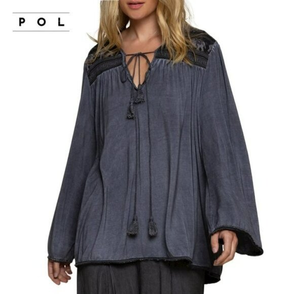NWT POL Boho Lace with Tassels Wide Sleeve Relaxed Fit Blouse Tunic Top - Picture 1 of 8